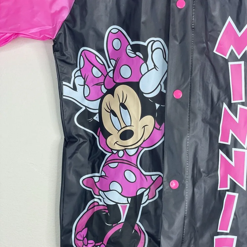 Minnie Mouse Disney Rain Jacket Girls Medium Hooded Snap‎ Front Packable Travel